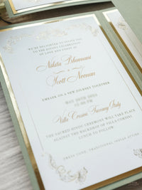 Luxury Sage Green & Gold Classic Pocket Suite with Gold Foil and Wedding Venue Sketch | Villa Corsini, Tuscany