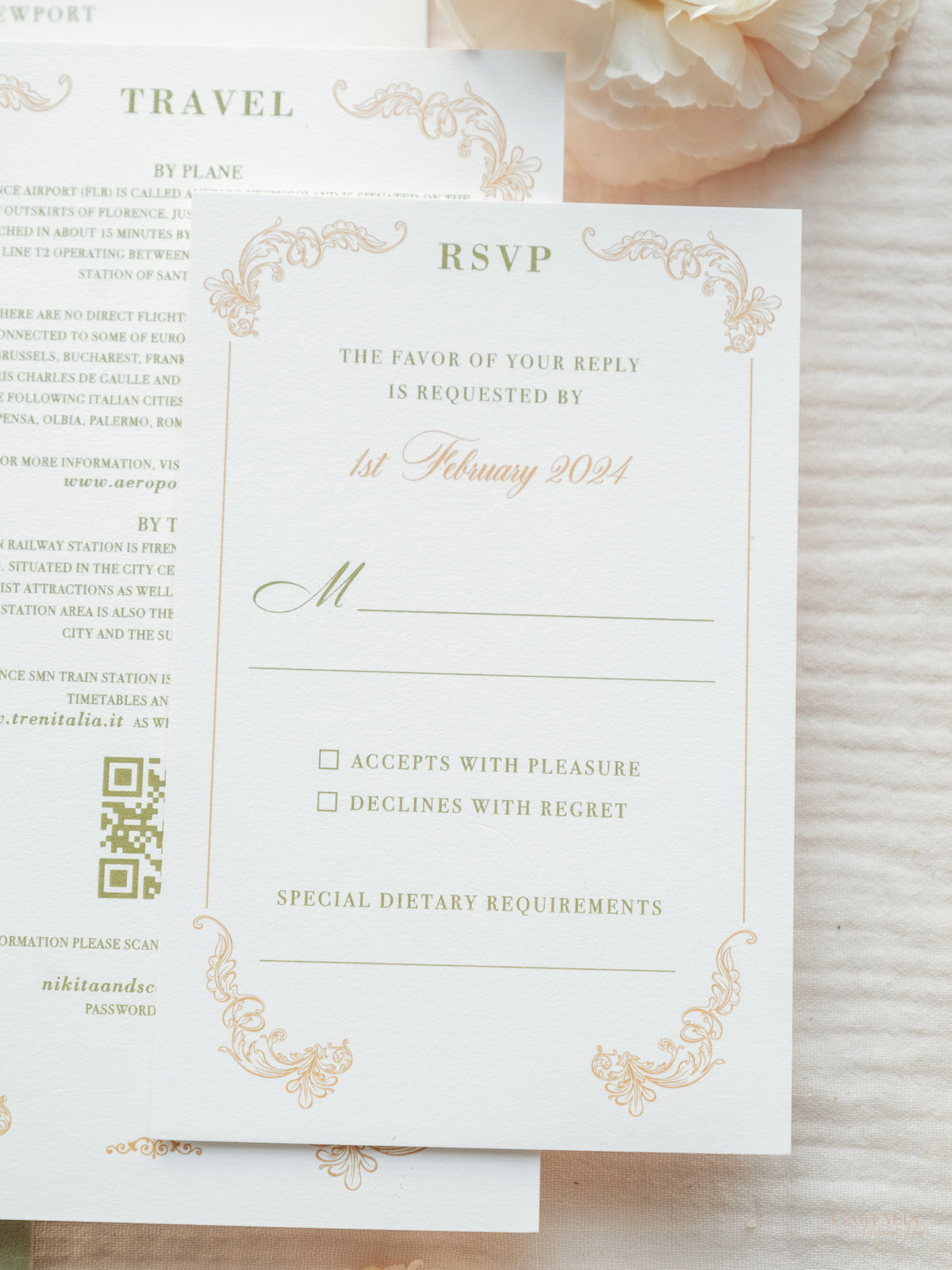 Luxury Sage Green & Gold Classic Pocket Suite with Gold Foil and Wedding Venue Sketch | Villa Corsini, Tuscany
