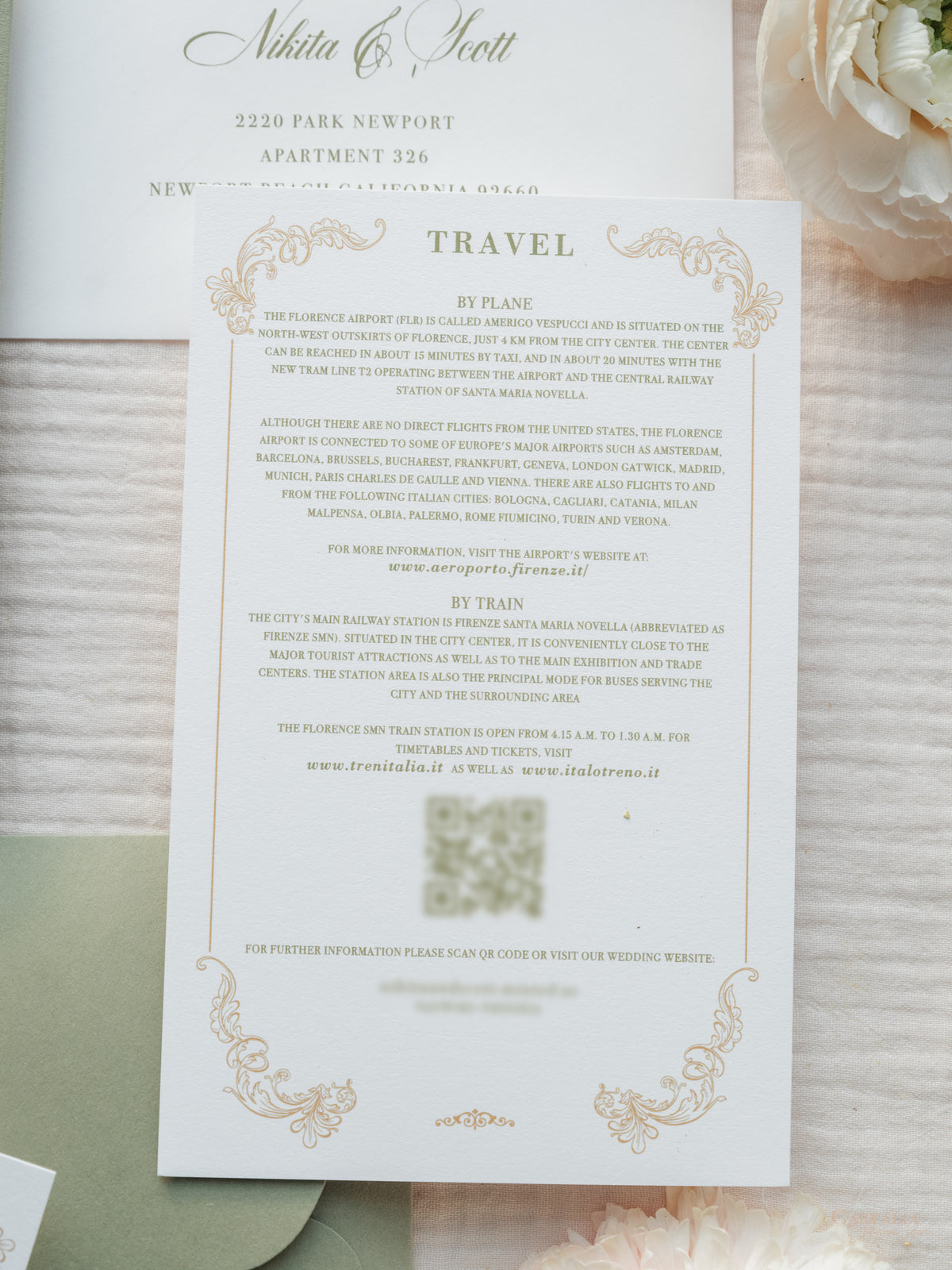 Luxury Sage Green & Gold Classic Pocket Suite with Gold Foil and Wedding Venue Sketch | Villa Corsini, Tuscany