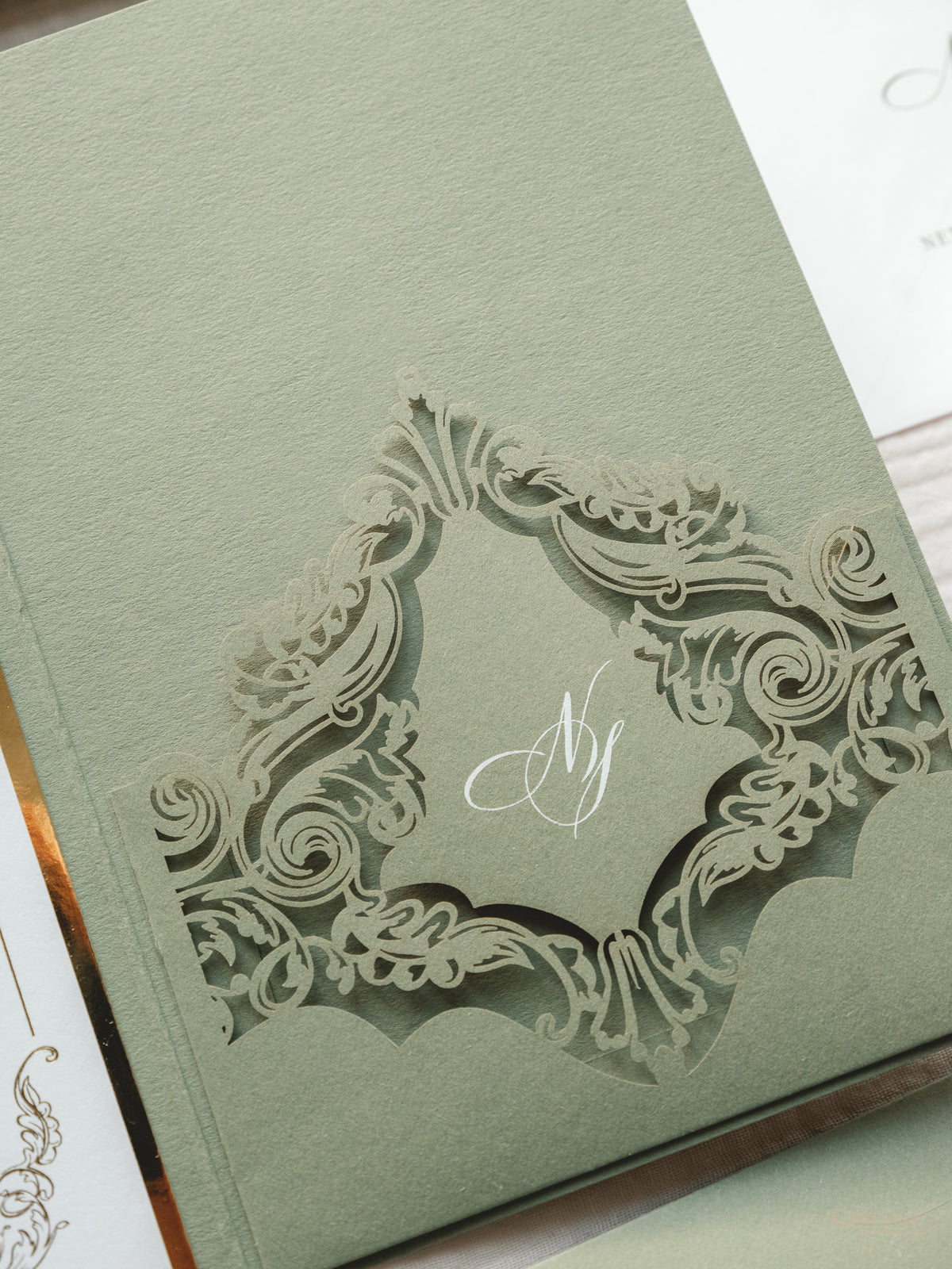 Luxury Sage Green & Gold Classic Pocket Suite with Gold Foil and Wedding Venue Sketch | Villa Corsini, Tuscany