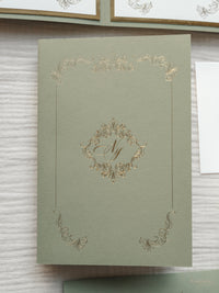 Luxury Sage Green & Gold Classic Pocket Suite with Gold Foil and Wedding Venue Sketch | Villa Corsini, Tuscany