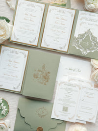 Luxury Sage Green & Gold Classic Pocket Suite with Gold Foil and Wedding Venue Sketch | Villa Corsini, Tuscany