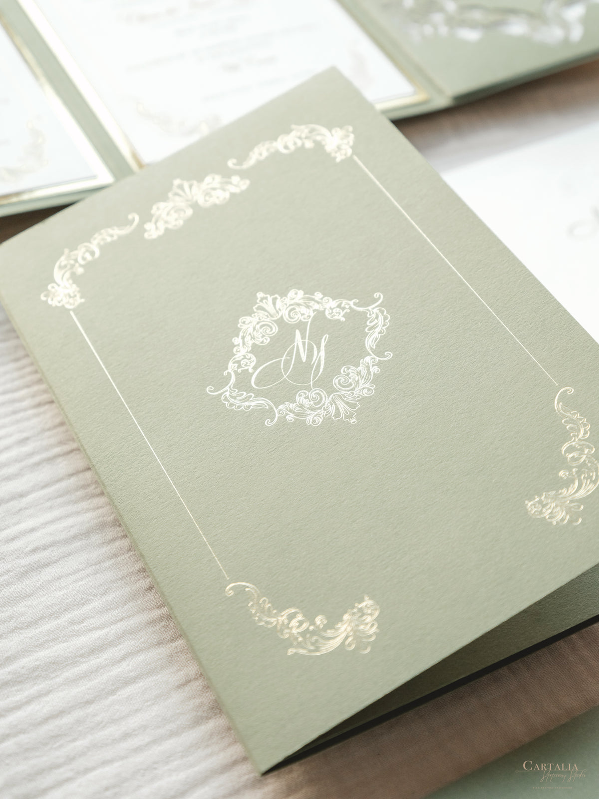 Luxury Sage Green & Gold Classic Pocket Suite with Gold Foil and Wedding Venue Sketch | Villa Corsini, Tuscany