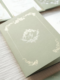 Luxury Sage Green & Gold Classic Pocket Suite with Gold Foil and Wedding Venue Sketch | Villa Corsini, Tuscany