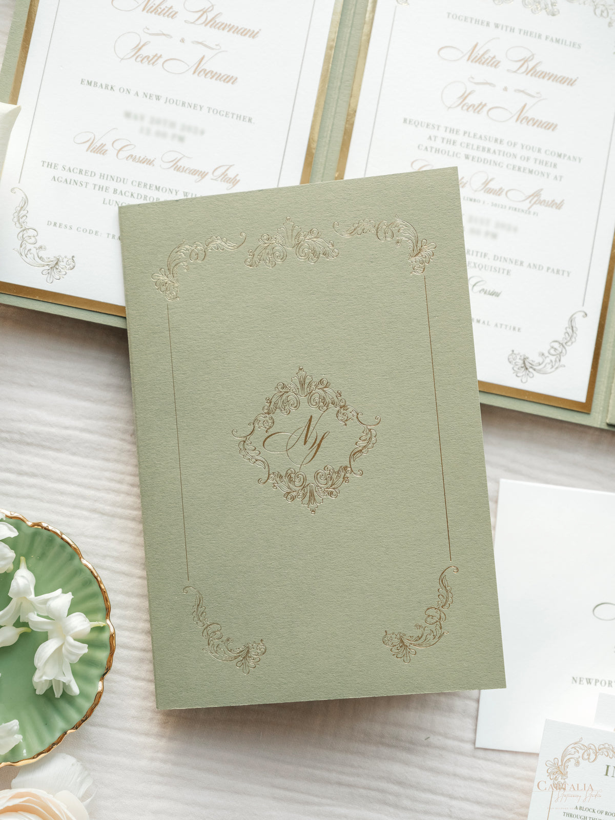 Luxury Sage Green & Gold Classic Pocket Suite with Gold Foil and Wedding Venue Sketch | Villa Corsini, Tuscany