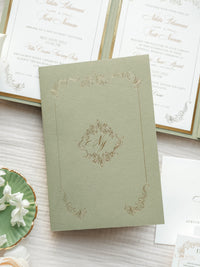 Luxury Sage Green & Gold Classic Pocket Suite with Gold Foil and Wedding Venue Sketch | Villa Corsini, Tuscany