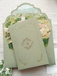 Luxury Sage Green & Gold Classic Pocket Suite with Gold Foil and Wedding Venue Sketch | Villa Corsini, Tuscany