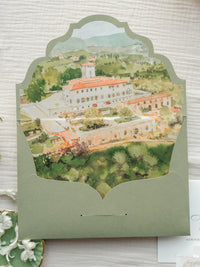 Luxury Sage Green & Gold Classic Pocket Suite with Gold Foil and Wedding Venue Sketch | Villa Corsini, Tuscany