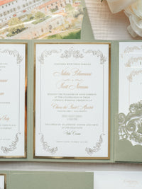Luxury Sage Green & Gold Classic Pocket Suite with Gold Foil and Wedding Venue Sketch | Villa Corsini, Tuscany