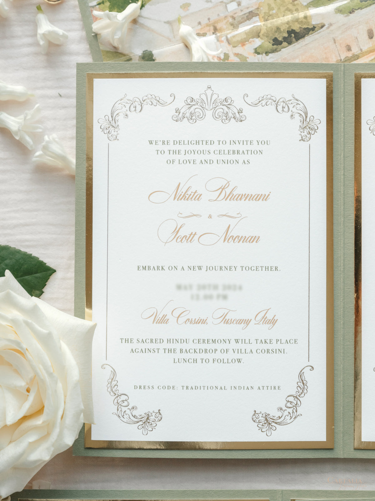Luxury Sage Green & Gold Classic Pocket Suite with Gold Foil and Wedding Venue Sketch | Villa Corsini, Tuscany