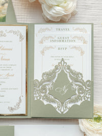 Luxury Sage Green & Gold Classic Pocket Suite with Gold Foil and Wedding Venue Sketch | Villa Corsini, Tuscany