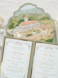 Luxury Sage Green & Gold Classic Pocket Suite with Gold Foil and Wedding Venue Sketch | Villa Corsini, Tuscany