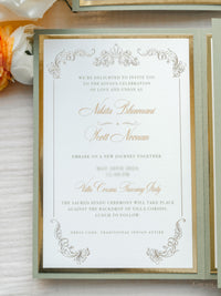 Luxury Sage Green & Gold Classic Pocket Suite with Gold Foil and Wedding Venue Sketch | Villa Corsini, Tuscany