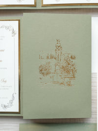 Luxury Sage Green & Gold Classic Pocket Suite with Gold Foil and Wedding Venue Sketch | Villa Corsini, Tuscany