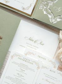 Luxury Sage Green & Gold Classic Pocket Suite with Gold Foil and Wedding Venue Sketch | Villa Corsini, Tuscany