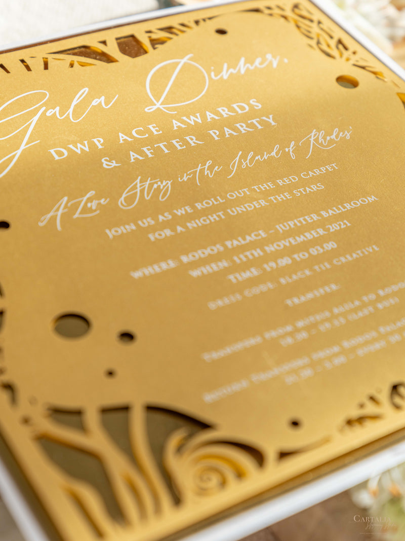 DWP Congress Gala Dinner Stationery with Gold Mirror and Coral Reef Cutouts | Rhodes, Greece