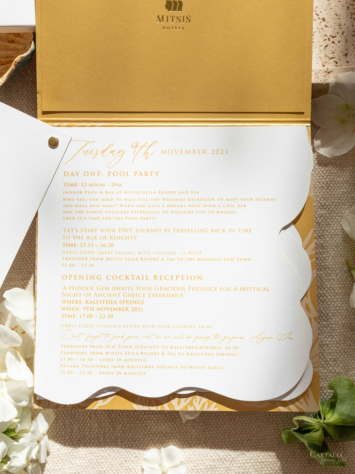 DWP Congress Schedule Stationery with Gold Foil, Laser Cut, Sea Cutouts | Rhodes Island, Greece