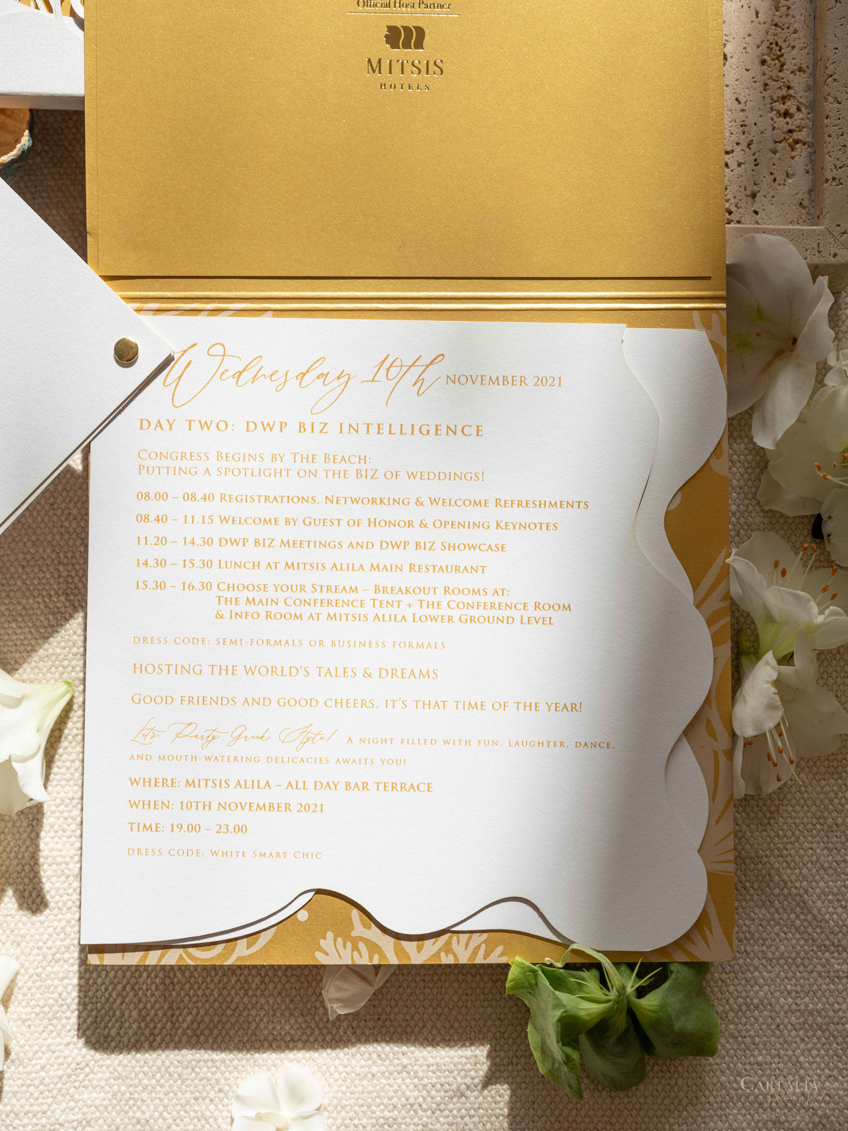 DWP Congress Schedule Stationery with Gold Foil, Laser Cut, Sea Cutouts | Rhodes Island, Greece