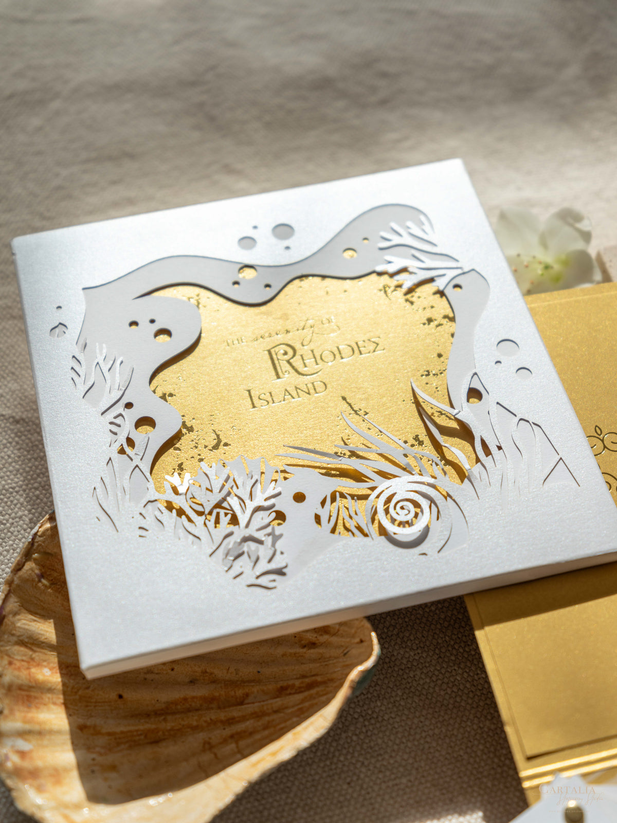 DWP Congress Schedule Stationery with Gold Foil, Laser Cut, Sea Cutouts | Rhodes Island, Greece