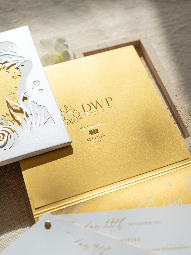 DWP Congress Schedule Stationery with Gold Foil, Laser Cut, Sea Cutouts | Rhodes Island, Greece
