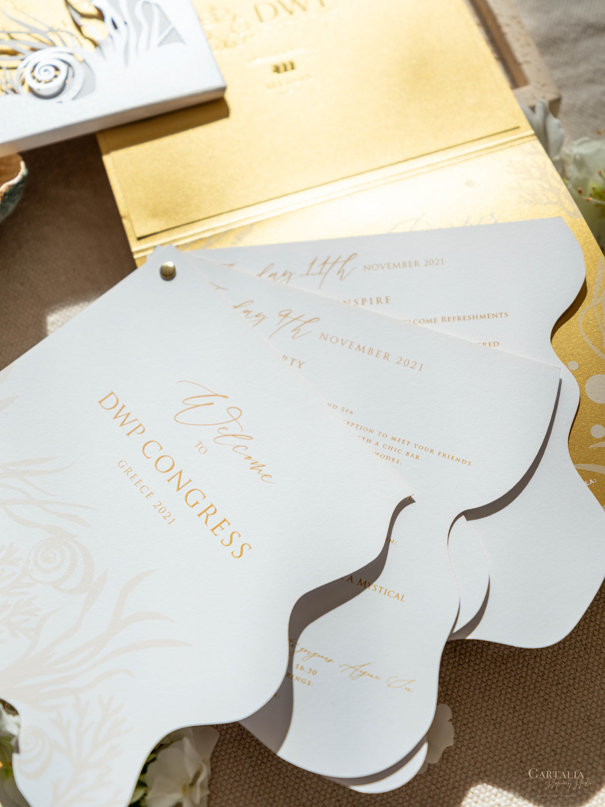 DWP Congress Schedule Stationery with Gold Foil, Laser Cut, Sea Cutouts | Rhodes Island, Greece