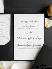 Pockée du soir à couverture rigide de luxe en noir et blanc avec monogramme en feuille d'or | Commission sur mesure pour A&M