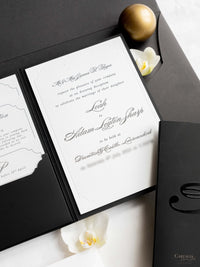 Black & White Luxury Hardcover Evening Pocket with Gold Foil Monogram | Bespoke Comission for A&M