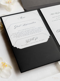 Pockée du soir à couverture rigide de luxe en noir et blanc avec monogramme en feuille d'or | Commission sur mesure pour A&M