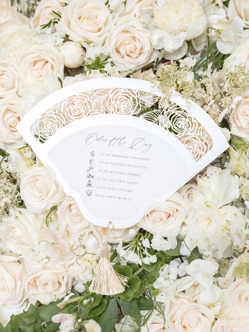Intricate Laser-Cut Rose Wedding Petal Fan with Unique Luxury Monogram on the Back
