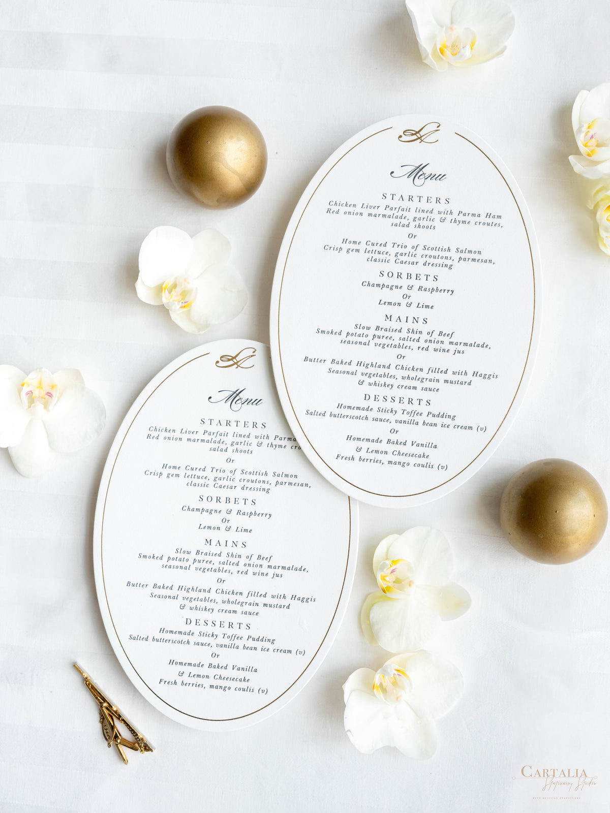 Menu de la plaque ovale | Menu de dîner en amelet et typique de luxe sur une carte premium épaisse 710gsm