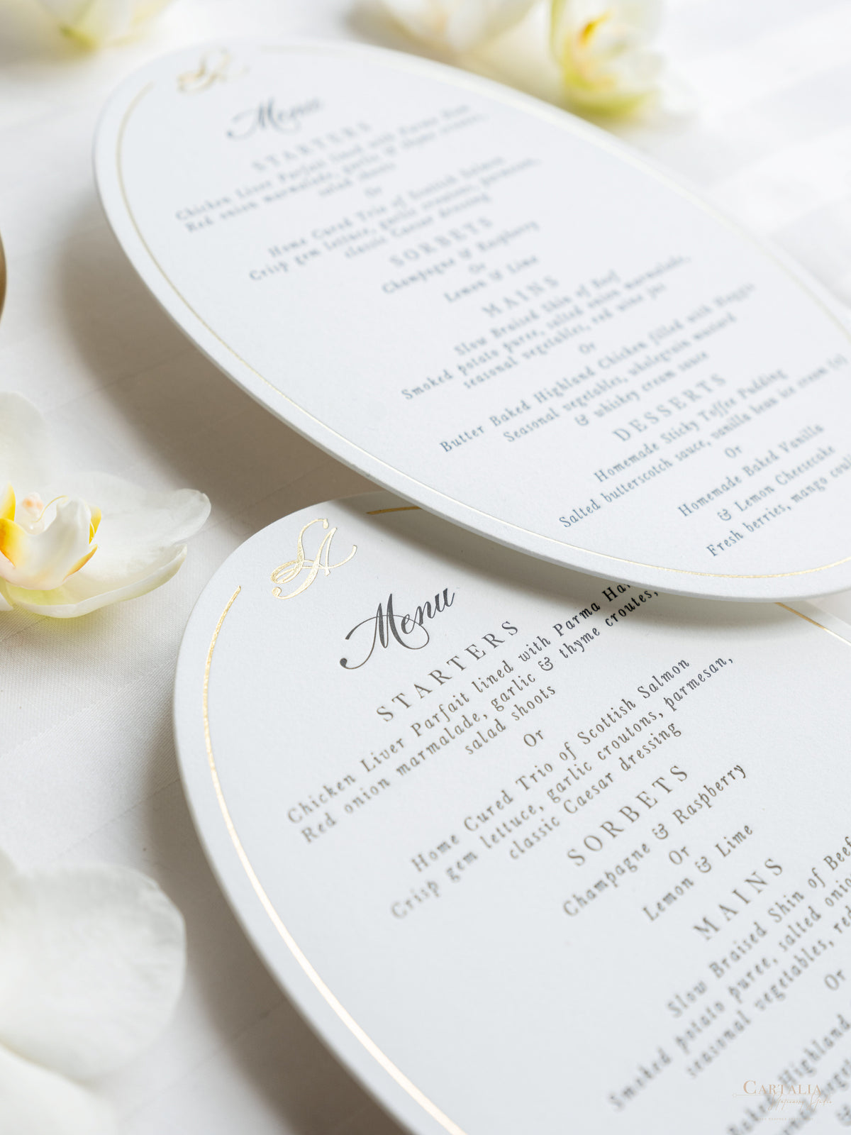 Menu de la plaque ovale | Menu de dîner en amelet et typique de luxe sur une carte premium épaisse 710gsm