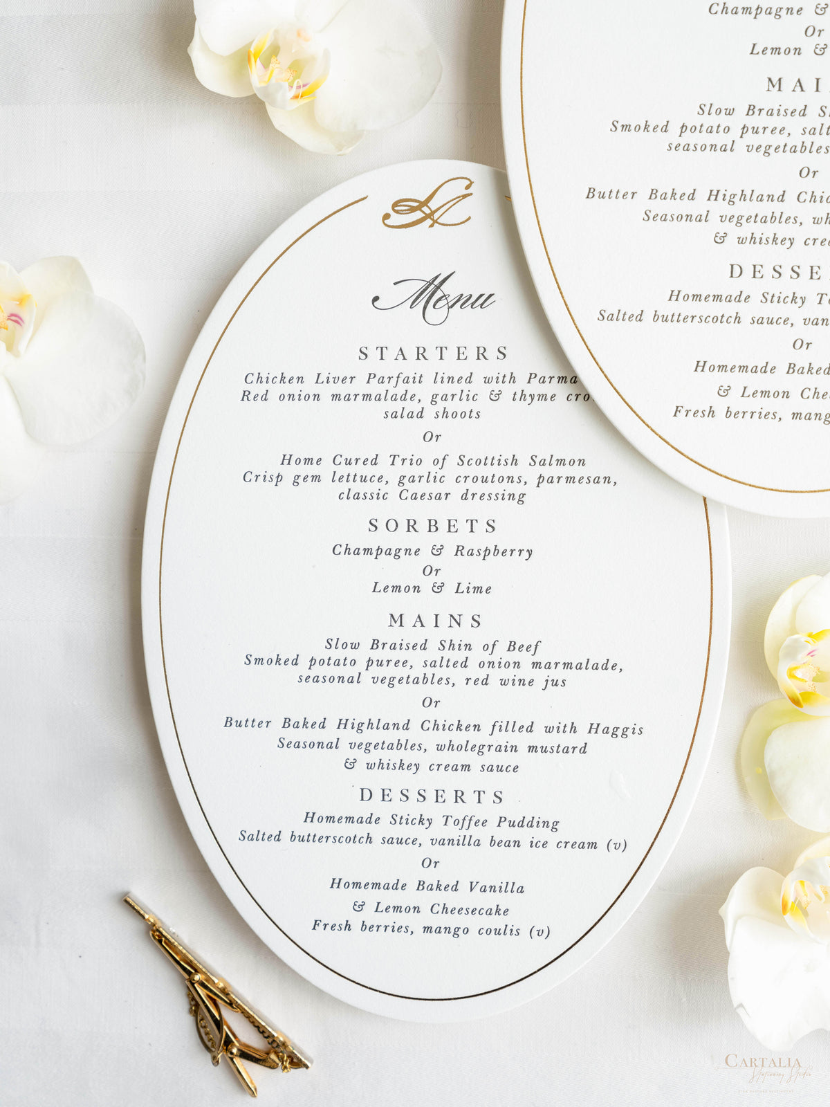 Menu de la plaque ovale | Menu de dîner en amelet et typique de luxe sur une carte premium épaisse 710gsm