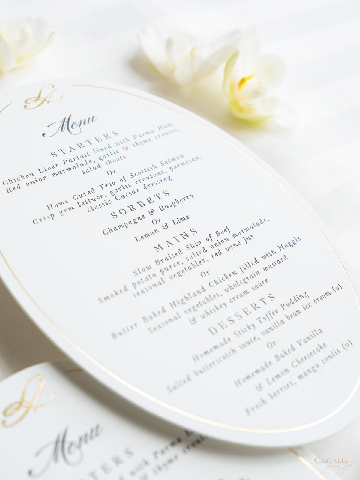 Menu de la plaque ovale | Menu de dîner en amelet et typique de luxe sur une carte premium épaisse 710gsm