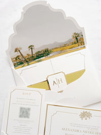 Luxurious Pocket Invitation for Desert Wedding in La Quinta California |  Palm Trees | Bespoke Commission A&H