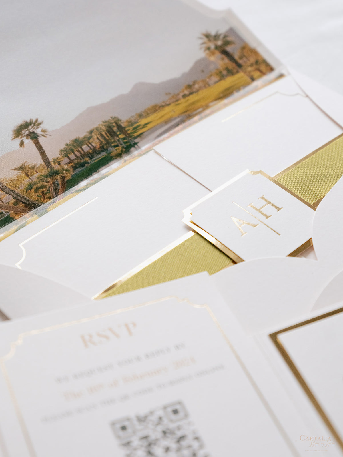 Luxurious Pocket Invitation for Desert Wedding in La Quinta California |  Palm Trees | Bespoke Commission A&H