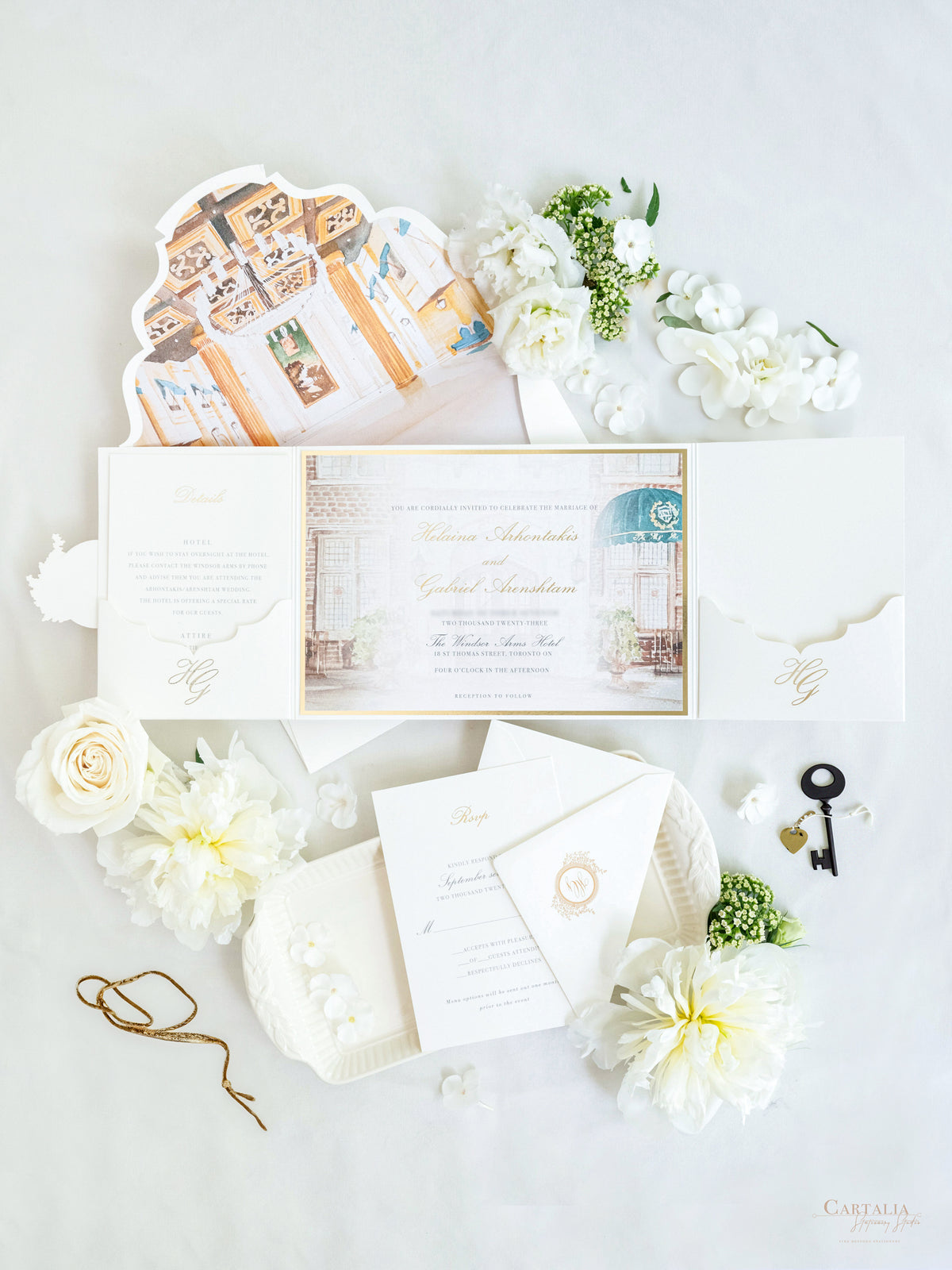 Invitation de mariage de luxe avec sur mesure | Monogramme d'or en feuille d'or | Peinture de lieu aquarelle | Le Windsor Arms Hotel, Toronto