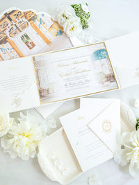 Invitación de boda de lujo con BESPOKE | Monograma de lámina dorada | Pintura de lugar de acuarela | El hotel Windsor Arms, Toronto