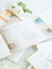 Invitation de mariage de luxe avec sur mesure | Monogramme d'or en feuille d'or | Peinture de lieu aquarelle | Le Windsor Arms Hotel, Toronto