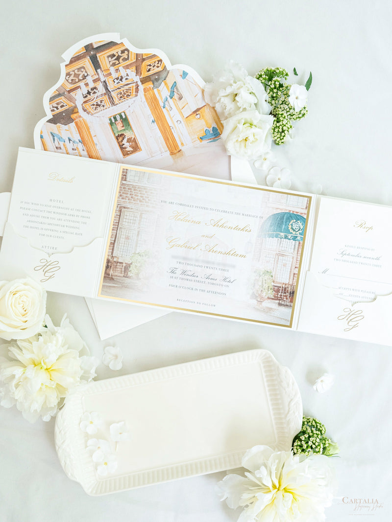 Luxury Wedding Invitation with BESPOKE | Gold Foil Monogram | Watercolor Venue Painting | The Windsor Arms Hotel, Toronto