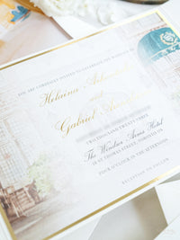 Invitación de boda de lujo con BESPOKE | Monograma de lámina dorada | Pintura de lugar de acuarela | El hotel Windsor Arms, Toronto