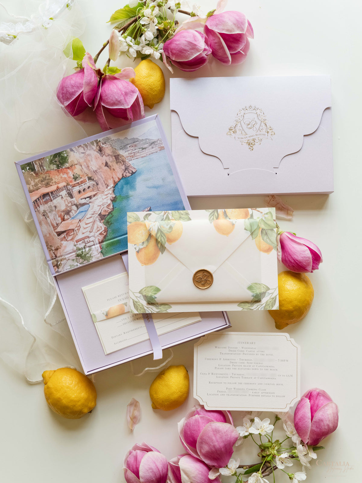 Bespoke Taormina Wedding Lilac Invitation Box,  Watercolour Illustrations & Gold Foil