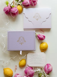 Bespoke Taormina Wedding Lilac Invitation Box,  Watercolour Illustrations & Gold Foil