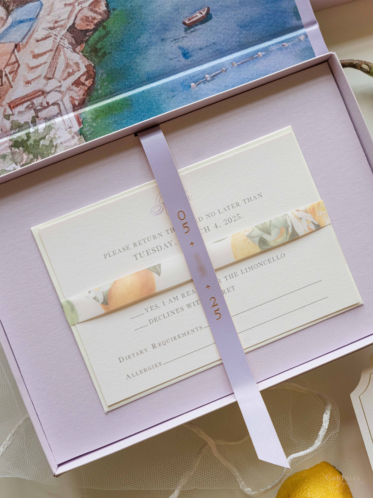 Bespoke Taormina Wedding Lilac Invitation Box,  Watercolour Illustrations & Gold Foil