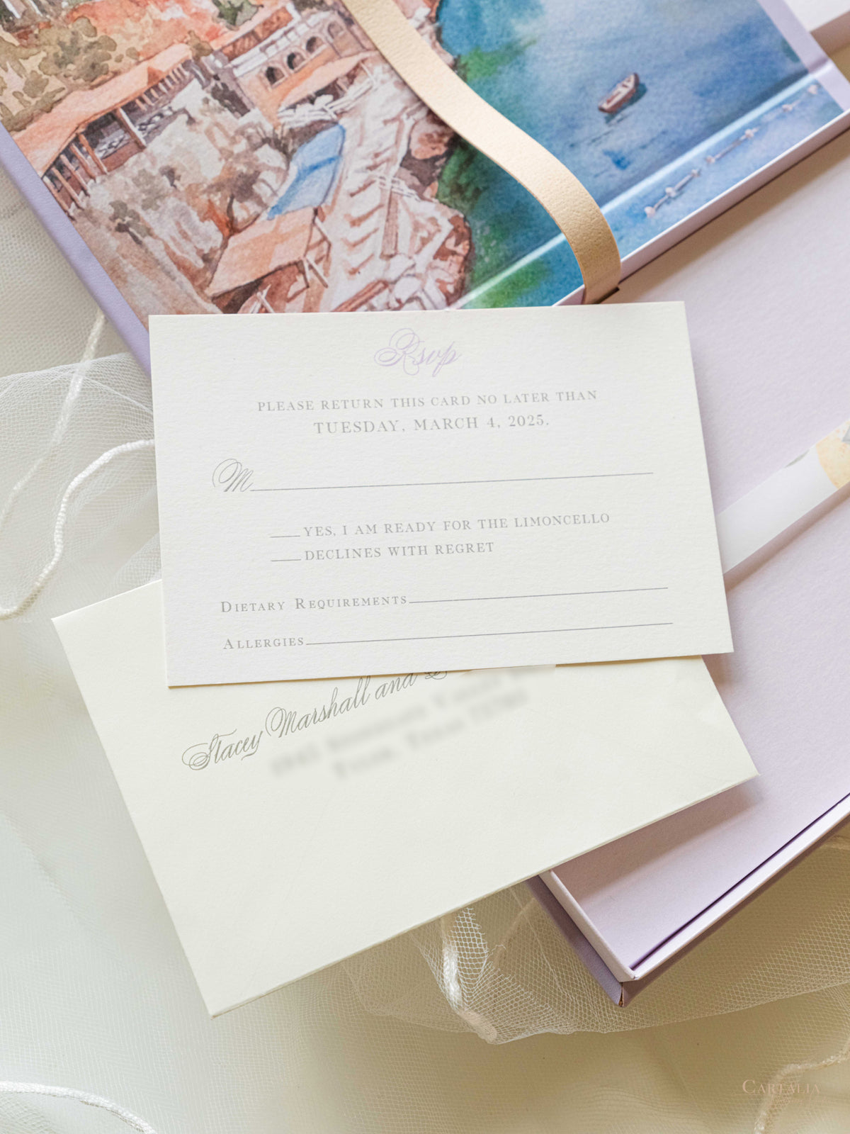 Bespoke Taormina Wedding Lilac Invitation Box,  Watercolour Illustrations & Gold Foil