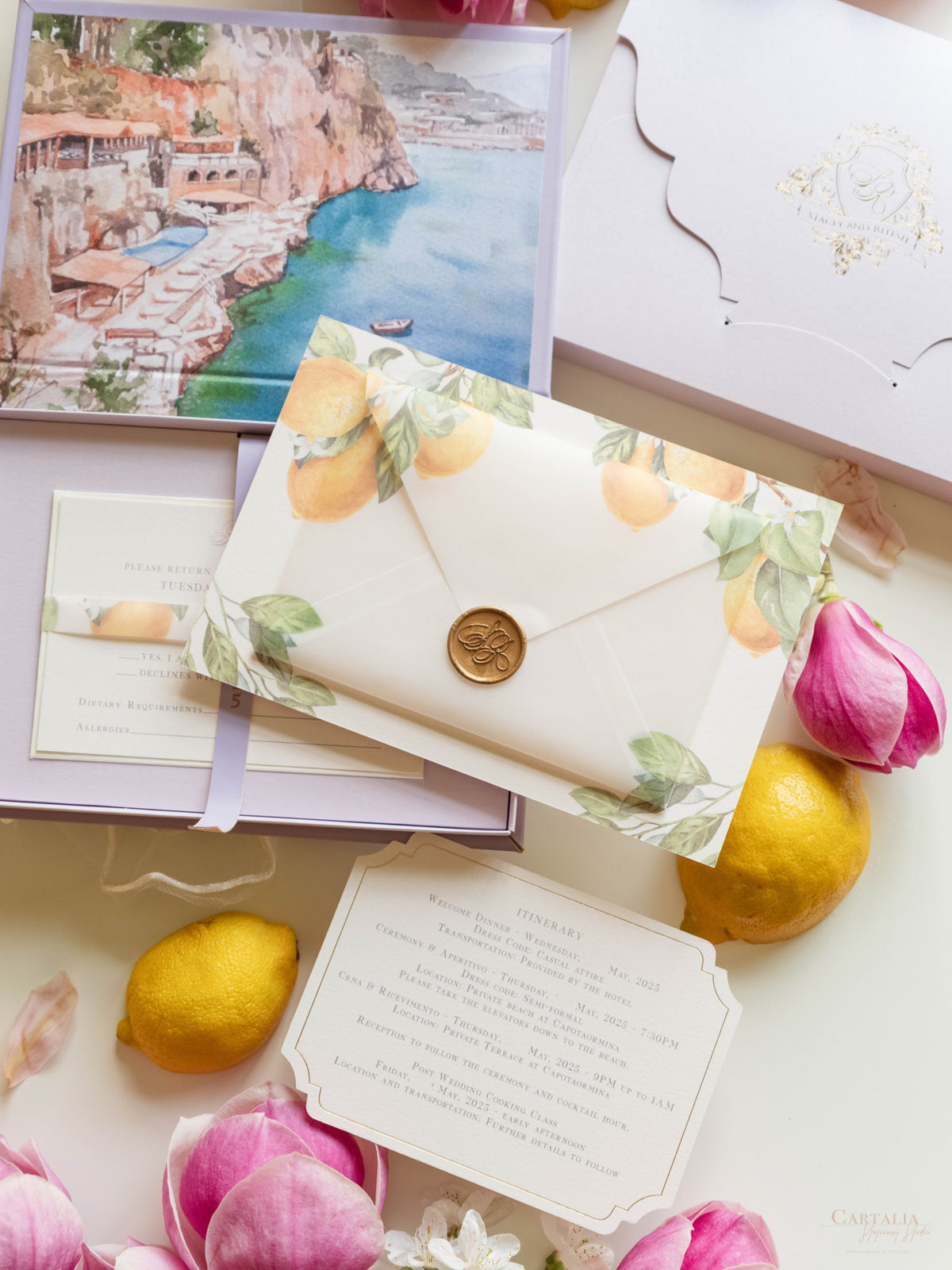 Bespoke Taormina Wedding Lilac Invitation Box,  Watercolour Illustrations & Gold Foil