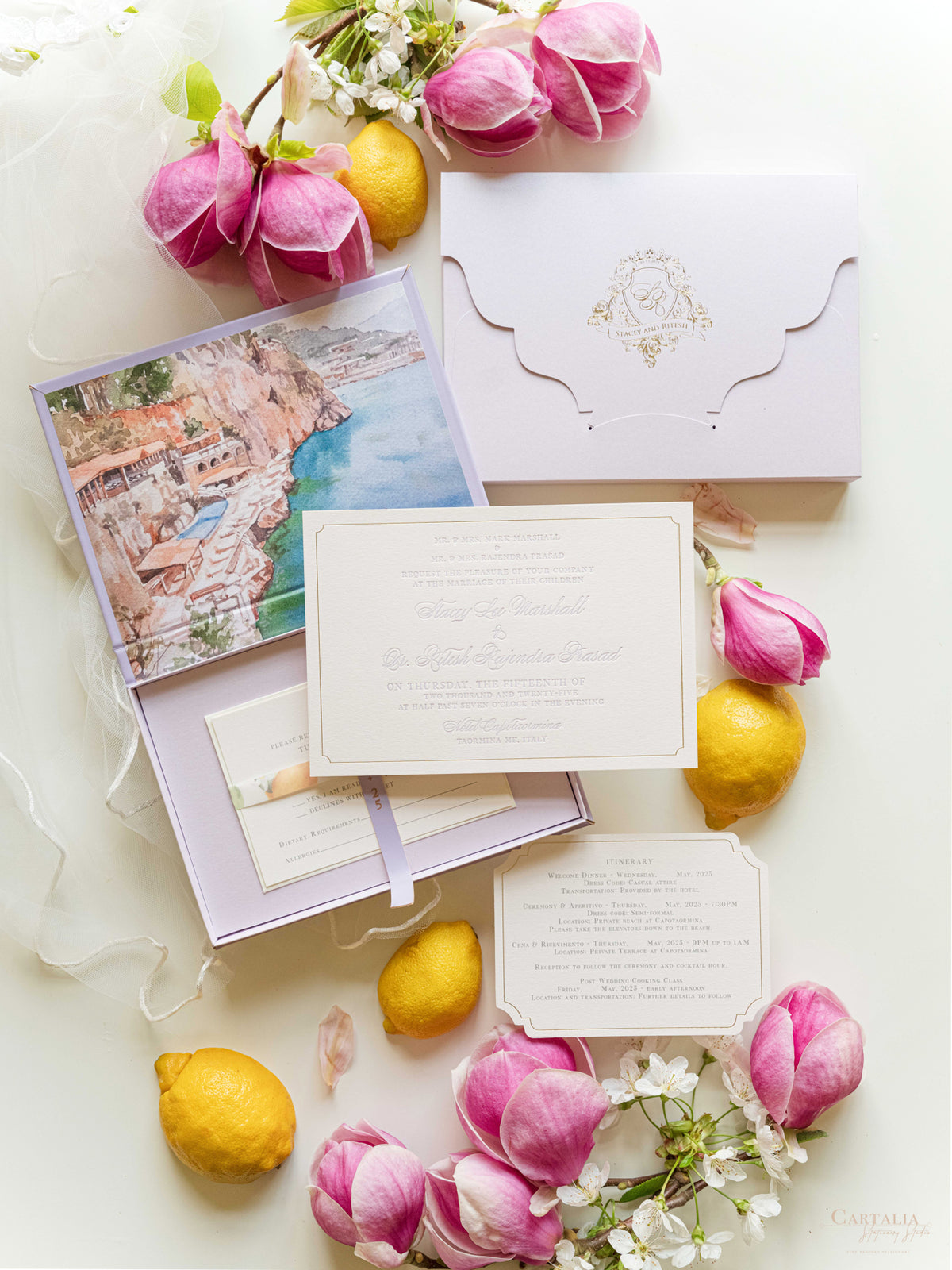 Bespoke Taormina Wedding Lilac Invitation Box,  Watercolour Illustrations & Gold Foil
