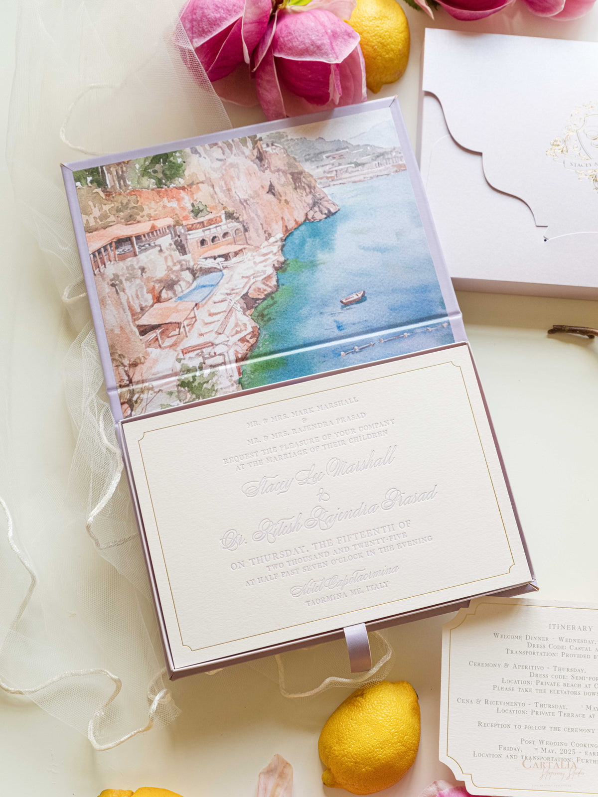Bespoke Taormina Wedding Lilac Invitation Box,  Watercolour Illustrations & Gold Foil