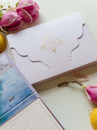 Bespoke Taormina Wedding Lilac Invitation Box,  Watercolour Illustrations & Gold Foil