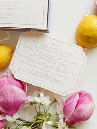 Bespoke Taormina Wedding Lilac Invitation Box,  Watercolour Illustrations & Gold Foil