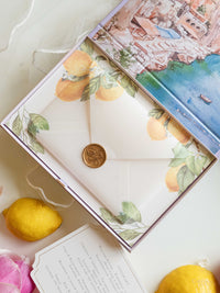 Bespoke Taormina Wedding Lilac Invitation Box,  Watercolour Illustrations & Gold Foil
